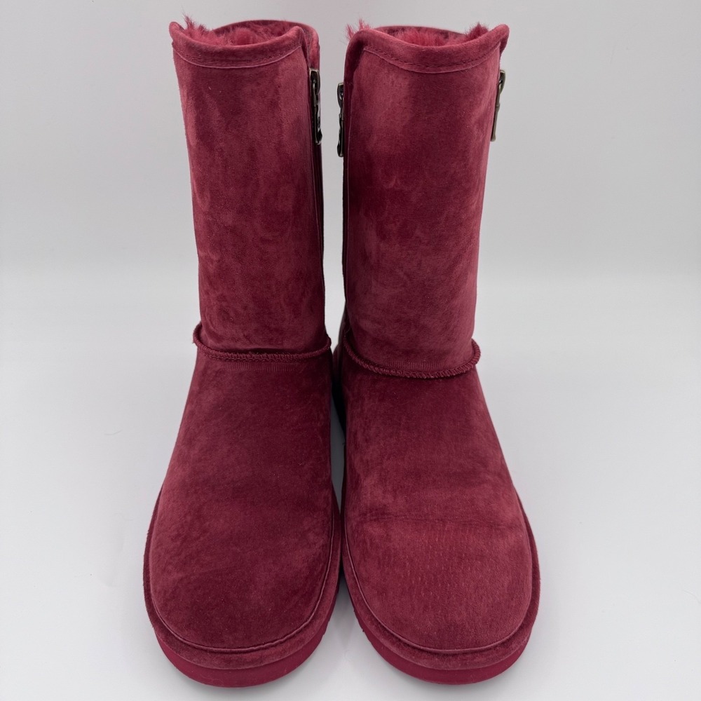 EUC Lamo Womens Mid-Calf Winter Boots Burgundy Suede Faux Fur Lined Side Zip | 9
